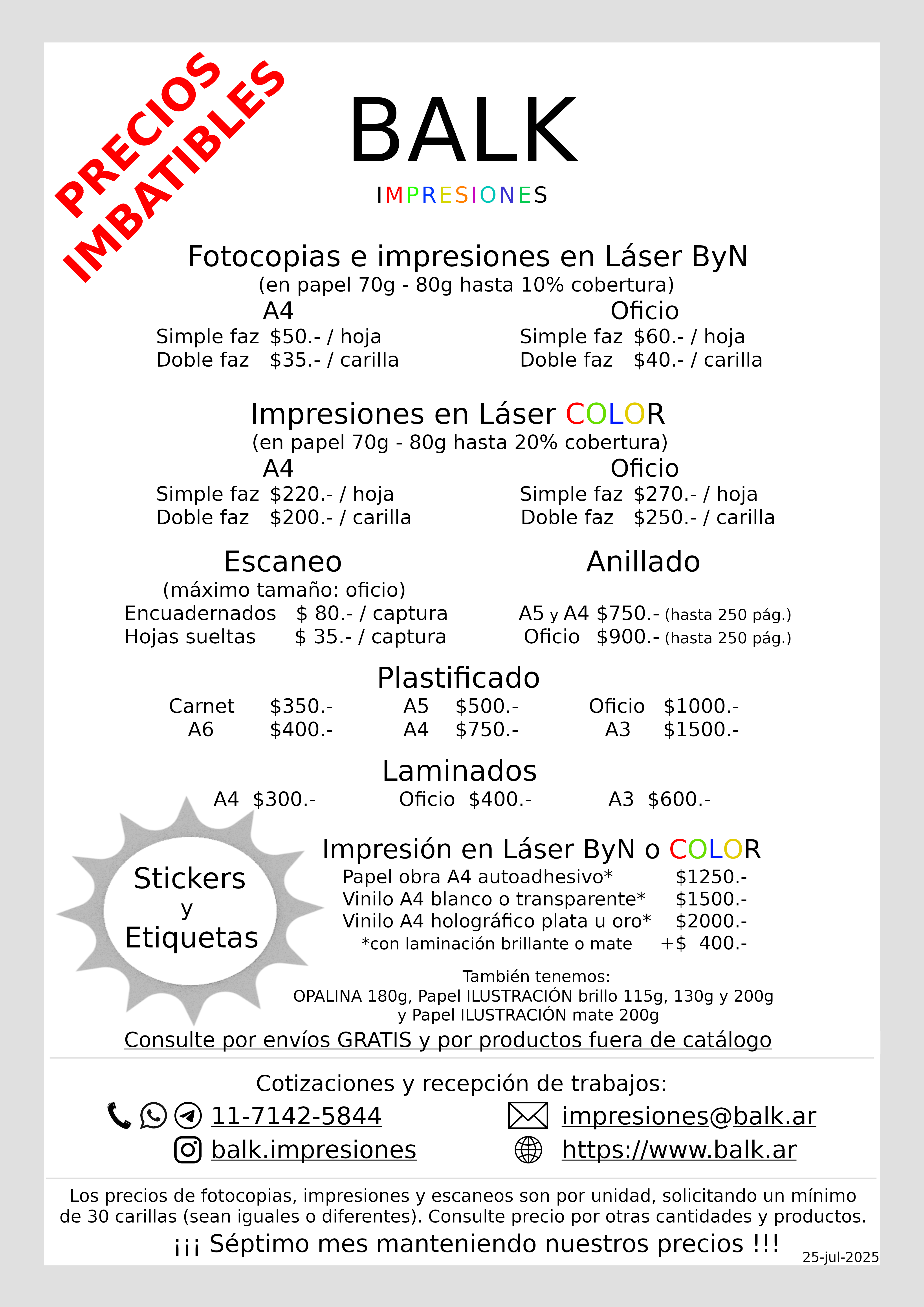 Lista de productos de BALK Impresiones