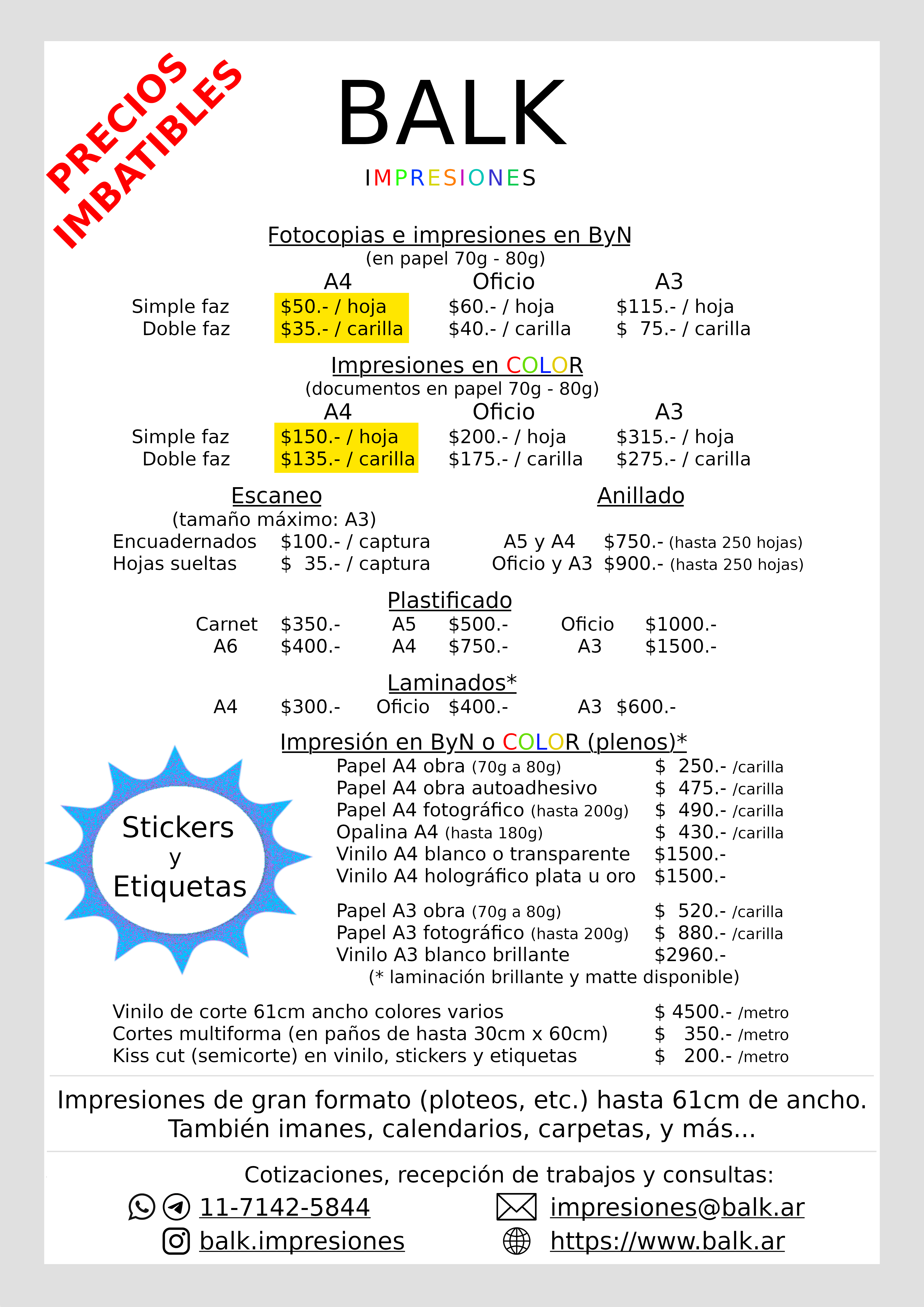 Lista de productos de BALK Impresiones